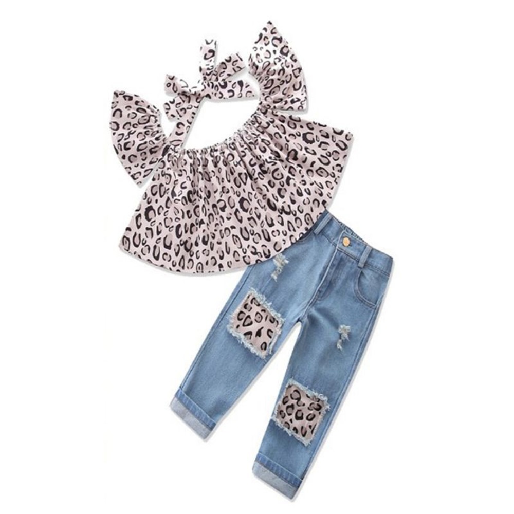3pc Leopard Jean Set With Cap Sleeve Crop Shirt